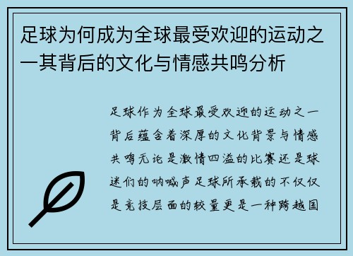 足球为何成为全球最受欢迎的运动之一其背后的文化与情感共鸣分析